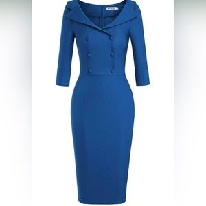 Chic Blue Double-Breasted Midi Dress
